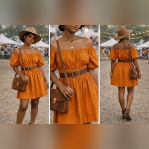 Guess Burnt Orange Off Shoulder Boho Mini Dress XS – Puff Sleeve Festival Dress